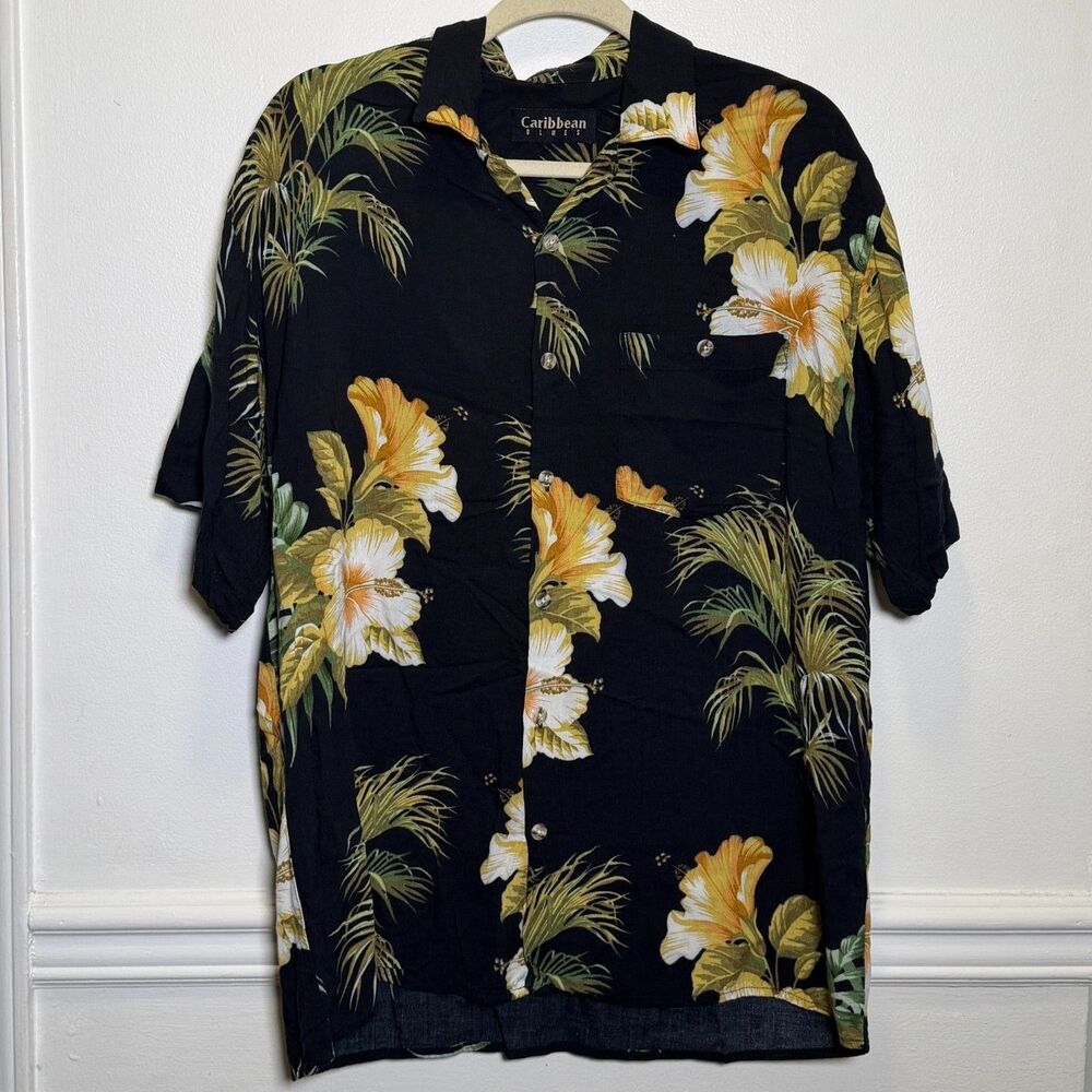 Vintage Resortwear Tropical Caribbean Blues Hawaiian Shirt Black Floral Rayon L
